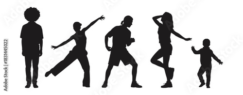 Diverse group of people silhouettes engaged in dynamic dance and movement poses, showcasing activity and joy on a white background.