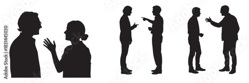 Silhouettes of people in conversation, gesturing and interacting, illustrating communication, disagreement, and discussion in business or personal settings.