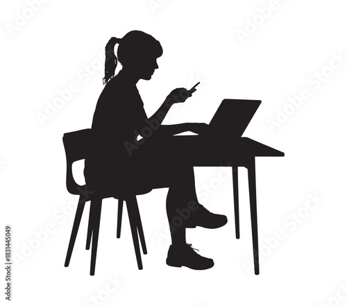 Silhouette of a young woman sitting at a desk using a laptop and a smartphone, focused on her tasks, isolated on white.