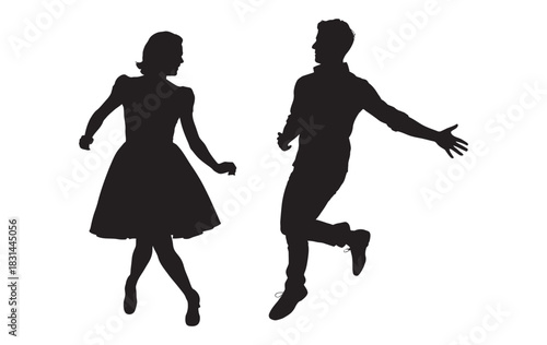 Silhouette of a couple dancing energetically, captured in motion, suggesting joy and vivacity in a stylized illustration.