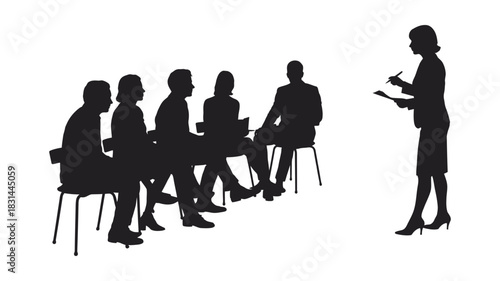 Silhouette of a female instructor presenting to a group of seated attendees in a professional meeting or classroom setting.