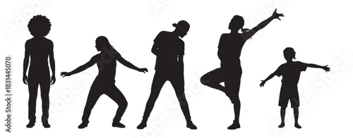 Diverse group of people dancing and posing in silhouette, representing movement, freedom, and expression. collection of human figures.