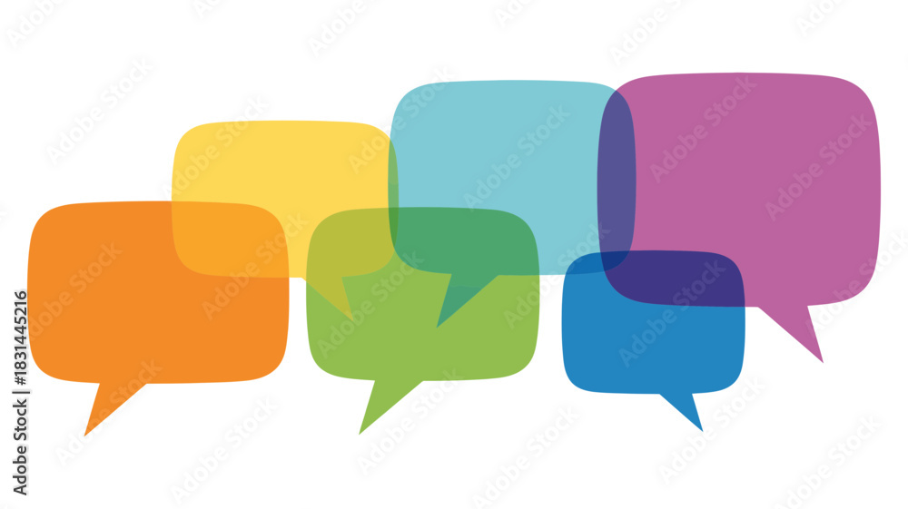 Naklejka premium Colorful overlapping speech bubbles representing communication, conversation, dialogue, discussion, ideas, and messages in abstract design.