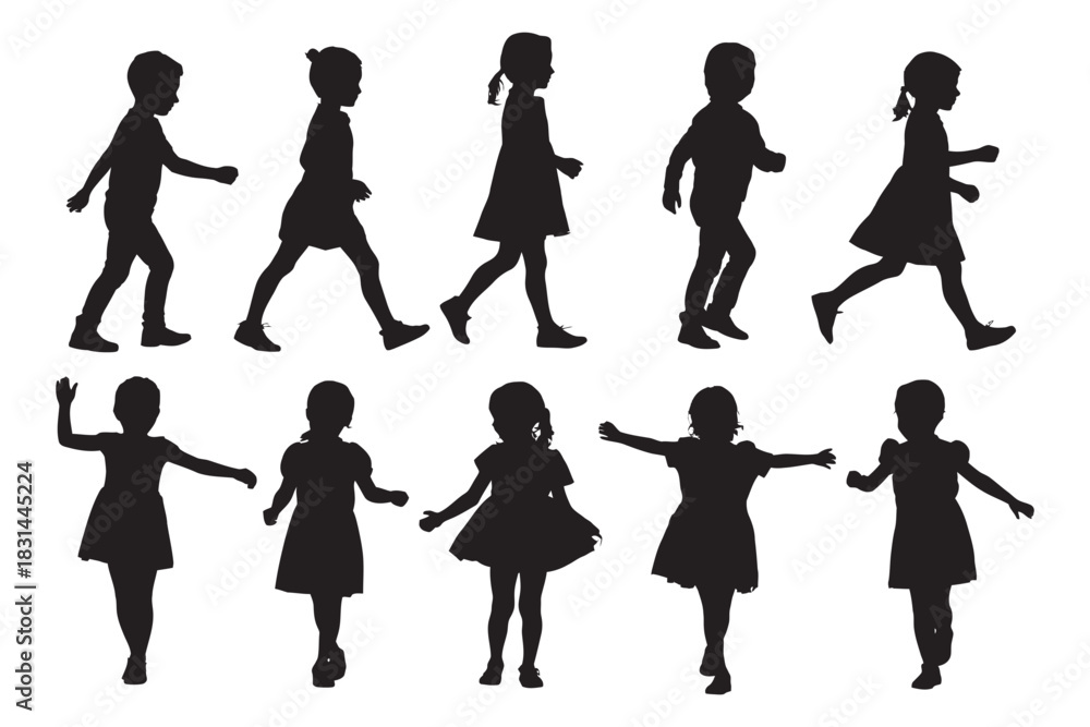 Obraz premium Collection of diverse silhouettes of young children walking and playing, isolated on a white background, showcasing movement and childhood.