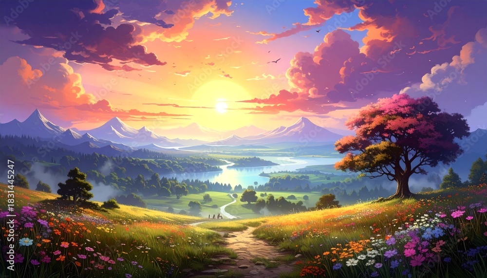 Obraz premium Scenic landscape with sunset with mountains, and and trees.