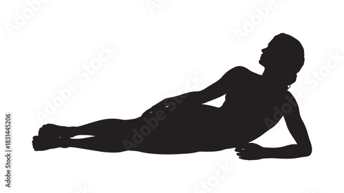 Silhouette of a young woman lying down on her side, posing elegantly with a relaxed posture and looking upwards, isolated on white.