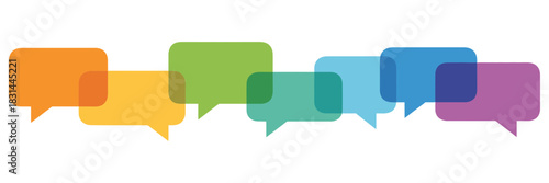 Colorful overlapping speech bubbles in rainbow gradient representing communication, conversation, ideas, dialogue, and connection on a white background.