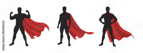 Silhouettes of three superheroes with red capes, striking heroic poses, isolated on a white background for graphic design.