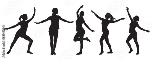 Silhouette of five female dancers in various dynamic poses and ballet stances, isolated on a white background.