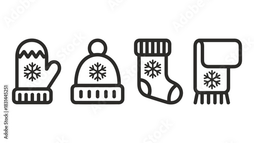 Winter clothing icons: mitten, beanie hat, stocking, and scarf with snowflake designs, isolated on white background