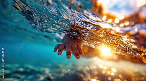 Fototapeta Naklejka Na Ścianę i Meble -  A child's hand reaching up through the water towards sunlight, creating a sense of hope and reaching for something.