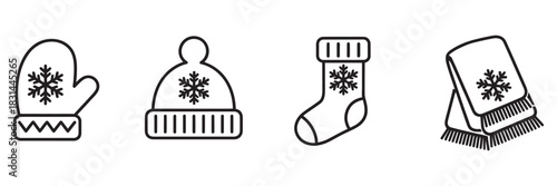Winter accessories icon set: mitten, hat, stocking, and scarf, all adorned with snowflake motifs for cold weather.
