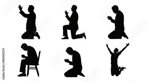 Diverse silhouettes of men in prayer and worship, showing devotion and spirituality in various kneeling and standing poses.