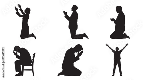 Diverse silhouettes of people in various prayer and worship poses, symbolizing faith, spirituality, and devotion, isolated on white