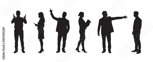 Diverse group of business people silhouettes in various poses, conveying collaboration, communication, and professional interaction on a white background.