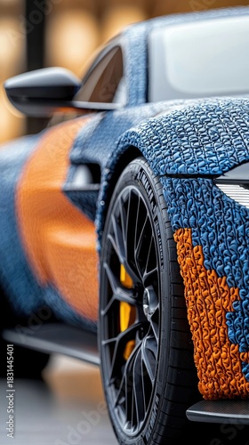 Close-up shot of a sports car's wheel, tire, and body panels, showcasing intricate detailing and design.