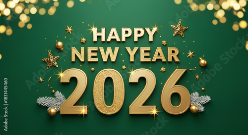 Festive banner with Merry Christmas and Happy New Year 2026 on a bright green background with glowing bokeh lights. Holiday greeting design with cheerful and sparkling seasonal mood