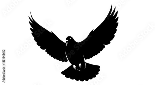 Graceful black dove takes flight with wings spread wide, symbolizing peace, freedom, and new beginnings in a clean, modern aesthetic.