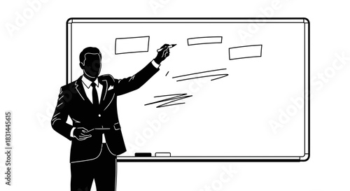 Confident businessman confidently presenting ideas and strategies on a whiteboard in a modern professional setting for business presentations and education