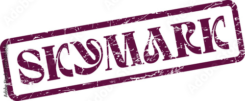 Unique purple Skymark word mark with a distressed rubber stamp texture on a clean surface