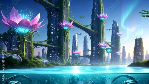 Visionary metropolis: Futuristic architectural cityscape with blooming flora and advanced