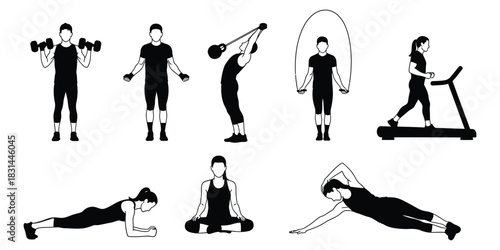 Fitness Exercises Dumbbells, Stretching, Yoga, Cardio Training Icons Set