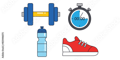 A collection of flat line art icons representing fitness essentials like a dumbbell, stopwatch, water bottle, and running shoe for a healthy lifestyle concept