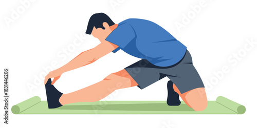 Dedicated man stretching his legs on a fitness mat, an illustration symbolizing commitment to a healthy exercise routine, improved flexibility, and personal well-being