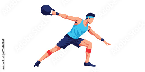 Man performing a dynamic kettlebell swing exercise in a fitness studio with a white background