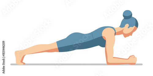 Side view of an athletic woman performing a forearm plank exercise. A vector illustration concept for fitness, core strength, and bodyweight training