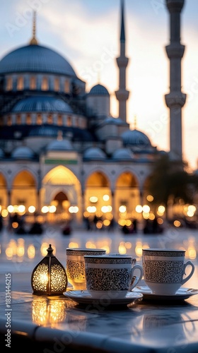 Three coffee cups and a decorative lantern sit on a table in front of the Blue Mosque in Istanbul, Turkey at sunset. The scene is bathed in warm, golden light.