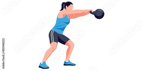 Athletic woman performing a kettlebell swing exercise for a full-body workout. Vector illustration of a female athlete engaged in strength training