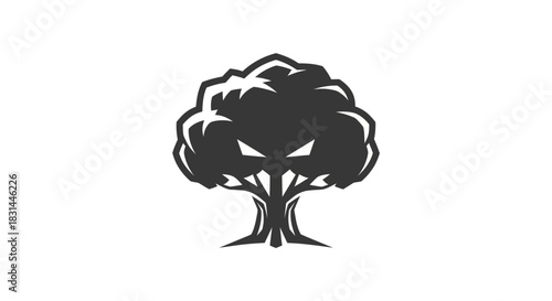 Stylized tree logo with ominous eyes against a white background