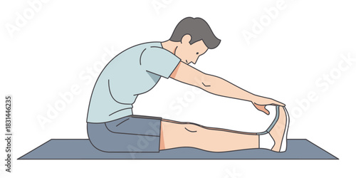 Illustration of a man stretching his back and legs while sitting on a mat indoors