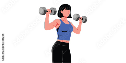 Dynamic vector illustration of a fit woman performing a vigorous dumbbell workout, showcasing strength, healthy living, and dedicated fitness training
