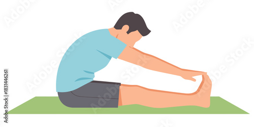 A male character performs a seated forward bend stretch on a yoga mat, a concept illustration for physical fitness, flexibility, and a healthy lifestyle
