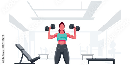 Woman Exercising with Dumbbells in Gym, Health and Fitness Illustration
