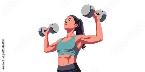 Woman performing shoulder press exercise with dumbbells, demonstrating strength and fitness