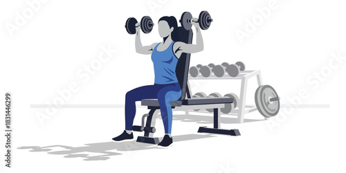 Woman performing seated shoulder press with dumbbells on a weight bench, gym equipment in background