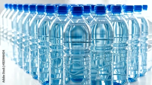 Visual symphony of blue-capped water bottles arranged in neat rows, reflecting purity and