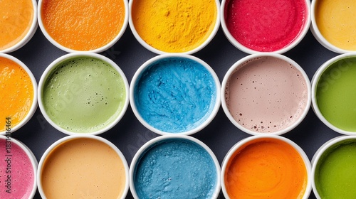 Overhead shot of a grid of small white bowls filled with various colorful smoothies, arranged on a dark surface.