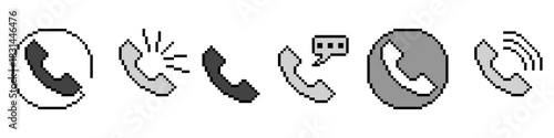 Set Pixel Phone Call Vector Ideal for gaming interfaces, telecommunication, and contact graphics in a retro 8-bit style. Symbolizes connection, communication, and digital support.