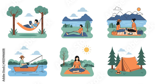 Enjoying peaceful outdoor activities like reading in a hammock, yoga, fishing, picnicking, and camping in serene natural settings