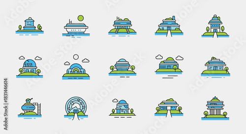 Collection of modern, futuristic, and unique building icons representing innovation, progress, and future urban design concepts for commercial use.