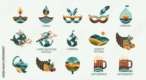 Celebrate global festivals with vibrant icons representing Diwali, Carnival, Cherry Blossom, Harvest, and Oktoberfest festivities