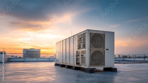 Large Industrial Air Conditioning Unit on Rooftop Against Sunset Sky.