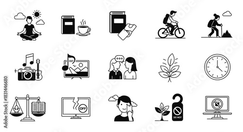 Diverse icons representing well-being, hobbies, lifestyle, and productivity for modern concepts and presentations