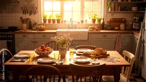 Warm Kitchen Interior with Sunny Ambiance and Beautifully Set Table Ready for a Meal