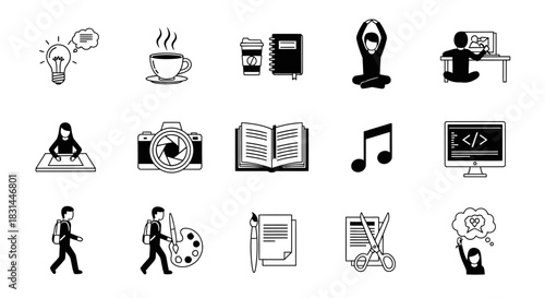 Creative pursuits and business tasks icon set for modern life, education, and professional development