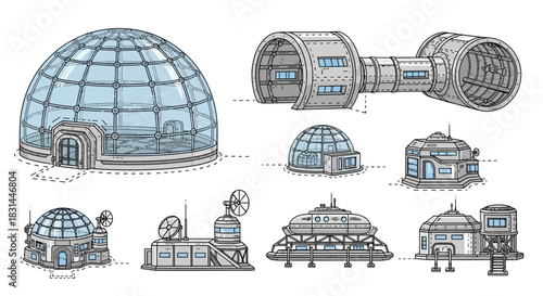 Explore futuristic space station modules and futuristic biodome habitats for science fiction projects and innovative architectural designs